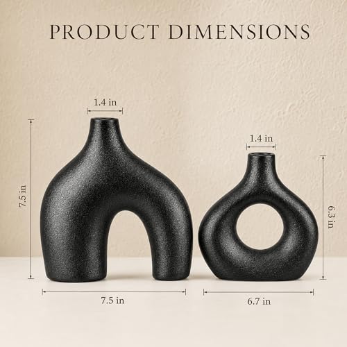 Black Ceramic Flower Vase Home Decor Set of 2, Farmhouse Table Vases Rustic Vintage Living Room Kitchen Bedroom Decorations for House Book Shelf Office Coffee Desk Dining Fireplace - color: Large Black
