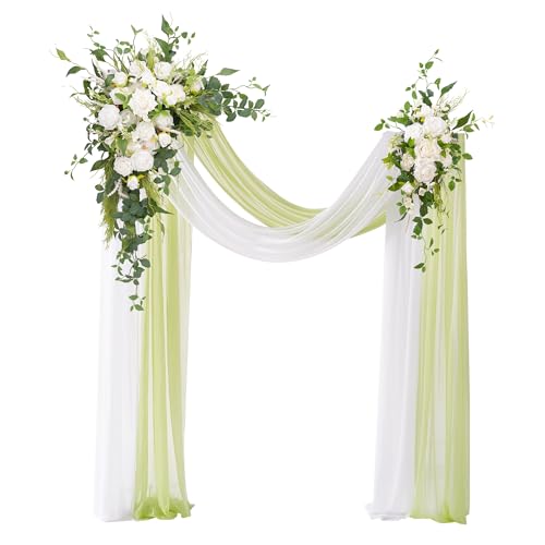 Deluxe Wedding Arch Flowers with Drapes Kit Pack of 4, 2pcs White Green Mint Leaves Hanging Silk Flowers Arrangement 2pcs Chiffon Drapes for Ceremony Arbor Party Outdoor Decor - color: White Greenery
