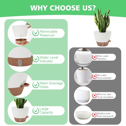 12" 10" 9" 8" Self Watering Pots with Water Level Indicator, Large Plastic Planters Set with Mesh Drainage Hole and Removable Saucer Reservoir, Big Flower Pot for Indoor Outdoor Plants - White - color: White