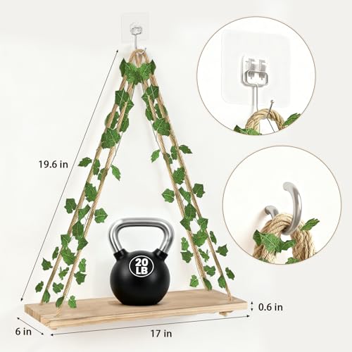RICHER HOUSE Artificial Ivy LED-Strip Wall Hanging Shelves, Macrame Shelf for Bedroom Bathroom Living Room Kitchen, Wood Hanging Plant Shelves for Wall Décor - color: Ivya*1