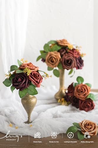 Ling's moment Artificial Flowers, 25Pcs 3" Roses in Terracotta Shades, Realistic DIY Foam Floral Decor for Wedding Bouquets/Centerpieces, Outdoor Party Backdrops, Room/Table, Garden/Pot Decorations - color: Shade of Dark Terracotta, size: 25Pcs