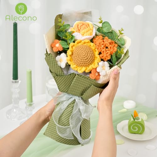 Alecono Crochet Flower Bouquet, Knitted Sunflower Flowers, Green Handmade Bouquet of Flowers for Lover Anniversary Birthday Party Mother's Day Graduation Gifts (Include Card) - color: Green