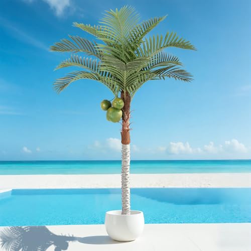 Bellacat 7ft UV Resistant Artificial Palm Tree with Coconut Fruit, 84in Faux Palm Coconut Tree with Large Fuller Leaves, Fake Palm Tree for Patio Backyard Poolside Living Room Decor - size: 7ft
