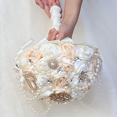 Ivory and Champagne Bridal Wedding Bouquet with Rhinestone Brooch Pearl String Cascade Bouquet for Bride Bridesmaid Quinceanera Satin Rose Flower Bouquet Wedding Champagne and Ivory 6.3in - color: Champagne & Ivory, size: Small (DIA. 6.3"/16cm)