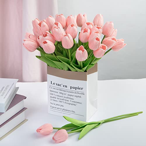 Ouddy Decor 30 Pcs Pink Tulips Artificial Flowers Real Touch PU Faux Flowers Fake Tulips Stems for Spring Summer Bouquet Floral Room Table Party Wedding Easter Mothers Gifts Home Decorations - color: Pink