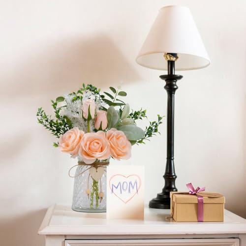 Fake Flowers with Vase Silk Rose Flowers in Vase Eucalyptus Flowers Arrangement Suitable for Home Office Decoration, Dining Table Centerpiece (Rose-Champagne) - color: Rose-champagne