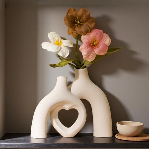 Liotww Snuggle Hollow Hug Donut Ceramic Vase, 8.3 Inch Modern Nordic Boho Style Aesthetic Decorative Flower Vases for Home Decor Pottery Barn Dining Living Room Table Shelf (Milky White) - color: Heart - Beige