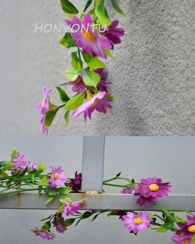 Purple Spring Flower Garlands - Hanging Daisy Flower Vines - Fake Mini Artificial Sunflower Silk Flowers Ivy for Backdrop Fence Wedding Arch Home Garden Baby Shower Wall Decor, 6.6FT - color: Purple