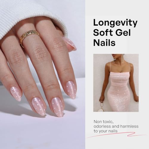 32Pcs Soft Gel Press on Nails for Women, Pink Polka, Short Almond | Cute Coquette Polka False Fake Nails Press Ons for Girly Valentine Date, Salon Quality Reusable Glue & Stick on Nail Gift Kit - color: 3F-Pink Polka