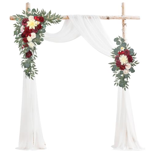 Arch Flowers with Drapes Kit (Pack of 3) for Wedding Ceremony Arbor and Reception Backdrop Decoration Wedding Welcome Signs Floral Birthday Party Decoration - color: Red Pink and Marsala