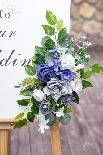Wedding Welcome Signs Floral(Pack of 2)，Wedding Arch Flowers for Wedding Decorations and Reception Backdrop Decoration (Blue) - color: Blue