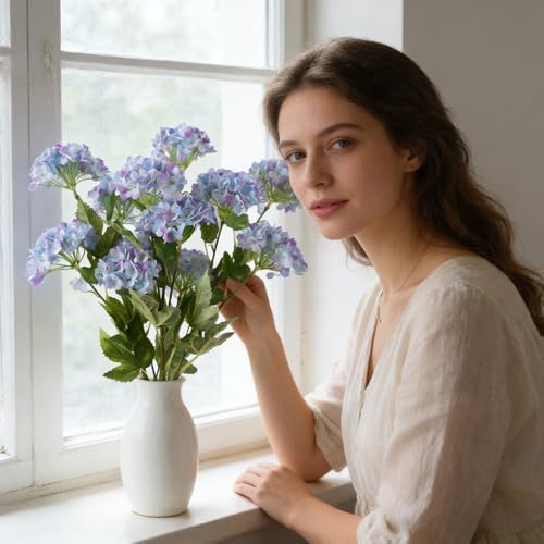 Hydrangea Artificial Flowers, Faux Hydrangea Flowers Bouquet Silk Flowers with Stems for Vase Home Floral Arrangements Wedding Bouquets Table Centerpiece Decorations