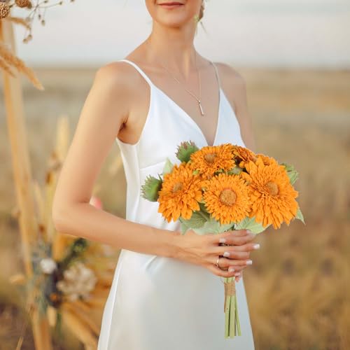 IPOPU Artificial Sunflower Bouquet with Long Stems Fake Sunflowers Silk Flowers with 5 Heads Faux Sunflower Bouquet for Wedding Party Home Office Decoration Dining Table Centerpiece (Orange1Bunches) - color: Orange Yellow