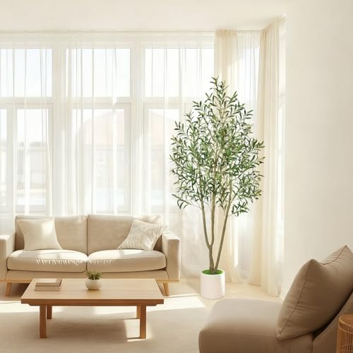 Timoo Faux Olive Tree 7FT Tall Olive Trees Artificial Indoor with White Tall Planter, Artificial Plants Indoor Faux Tree with Realistic Leaves and Fruits, Fake Plant for Home Office Decor - size: 7 FT