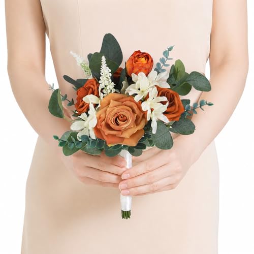 Rinlong Burnt Orange Bridesmaid Bouquet, Fall Wedding Bouquets, Terracotta | Silk Bridal Bouquet, Prom, Homecoming, Destination Friendly - color: 05-burnt Orange & Sage