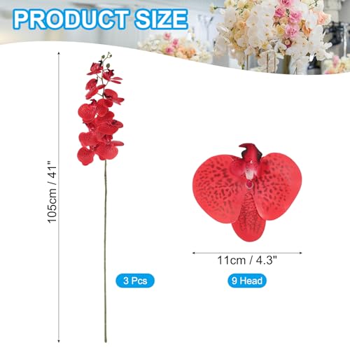 PATIKIL Artificial Orchid Stems 41", 3 Pack 9 Heads Faux Phalaenopsis Flowers Real Touch Fake Orchid Flower Branch for Vase Home Wedding Decoration, Red - color: Red
