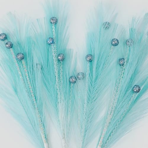 Christmas Tree Picks Decorations Set of 4 Sequins Ball Sprays 17" Artificial Furry Reed Grass Stems Fluffy Pampas Branches Feather Tails for Vase Fillers Flower Arrangements Tree Topper (Light Blue) - color: Light Blue