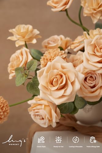 Ling's moment Artificial Flowers Fake Silk Roses Faux Dahlia Foam Gardenia Combo for DIY Wedding Bouquets Centerpieces Arrangements Bridal Shower Party Home Decorations, Apricot & Peach, 24pcs - color: Or-apricot