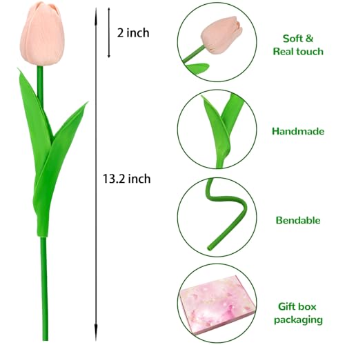 28pcs Light Pink Flowers Artificial Tulip Stems Real Feel PU Tulips for Easter Spring Wreath Wedding Bouquet Centerpiece Floral Arrangement Cemetery Table Décor 13" Tall - color: Light Pink