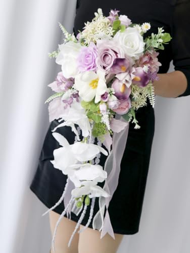 11 Inch Cascading Bridal Bouquet Waterfall Cascade Wedding Bouquet Bride with Artificial Silk Rose Flower Rustic Boho Wedding Ceremony Bouquet Lavender White - color: Lavender & White