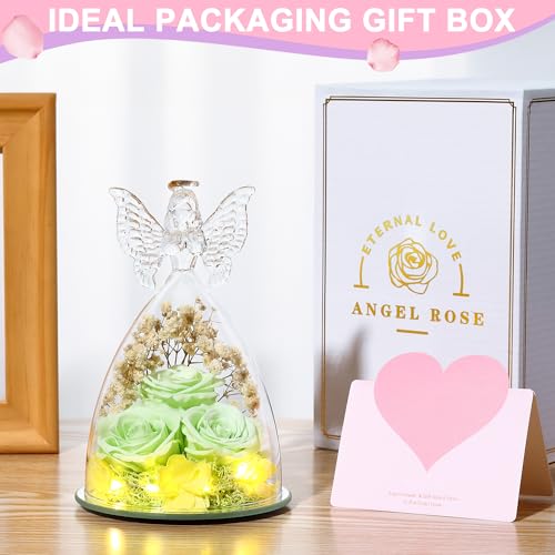 Mothers Day Rose Gifts for Women Preserved Flowers in Glass Angel Forever Flowers Gifts Eternal Roses Gifts for Grandma, Green - color: Green