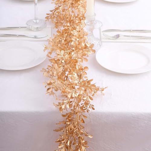 Efavormart 6ft Metallic Gold Artificial Boxwood Leaf Table Garland, Faux Decorative Shimmering Hanging Vine for Modern Home and Event Backdrop Styling - color: Type1