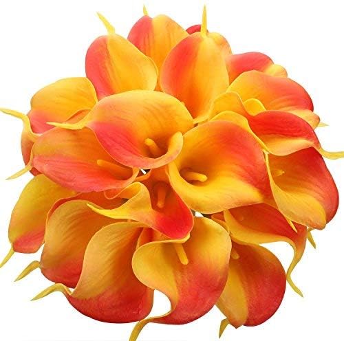 Floral Kingdom 20 Pack Artificial Calla Lily Flowers 14 Inch Yellow-Orange – Real Touch Faux Flowers for Table Centerpieces, Home Decor and Weddings - color: Yellow-orange