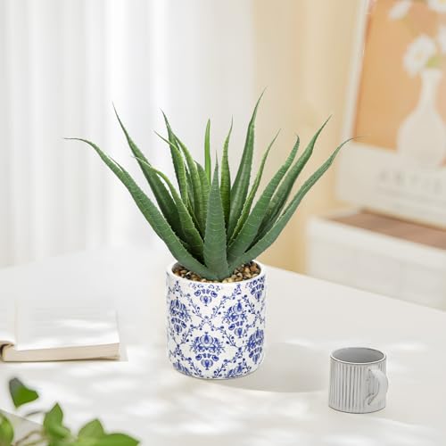 Briful Agave Plants Artificial Succulents Fake Plant in Blue Vase, 9'' Tall Realistic Faux Aloe Vera for Home Decor Indoor Centerpiece Table Kitchen - color: Aloe Blue Ceramic Vase