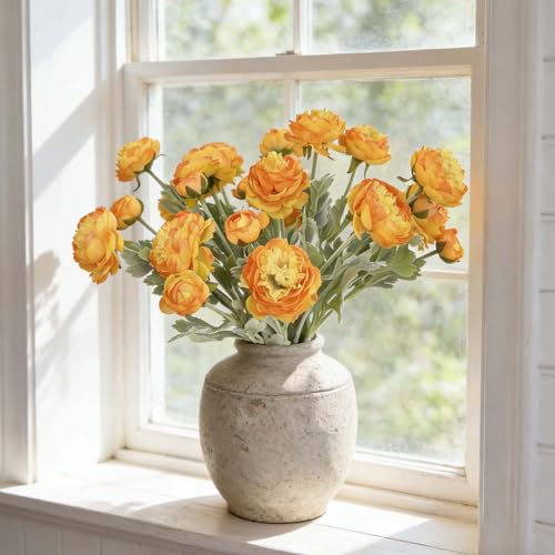 7 pcs Orange Peonies Artificial Flowers, Fake Ranunculus for for vase, Fake Silk Flowers for Home Table Centerpiece Office Desk Farmhouse Kitchen Dining Coffee Table Decoration (Light Orange) - color: Light Orange