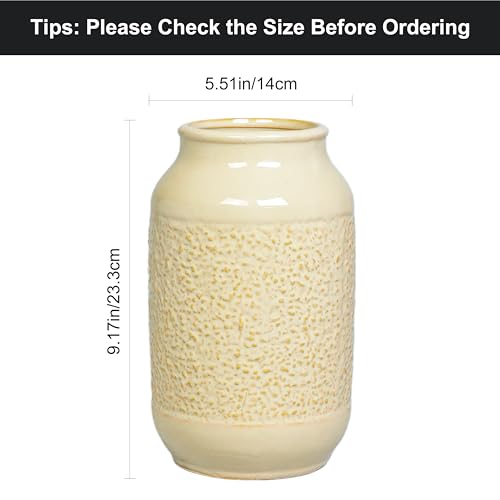 Beige Ceramic Vase for Flowers - 9 Inch Textured Cream Vase for Pampas Grass, Modern Farmhouse Vases for Home Decor, Table Centerpiece, Shelf, and Mantle Decor - color: Beige
