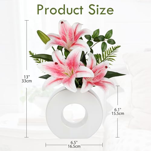 Artificial Flowers in Vase 13" Realistic Fake Lilies Flowers with 3 Heads Full Bloom Tiger Lily Floral Arrangement Pink Faux Flowers for Vase Table Centerpieces Home Wedding Bathroom Office Decor - color: Pink