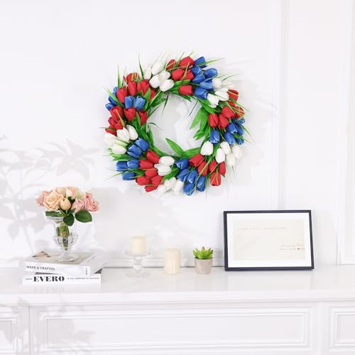 U'Artlines 20 Inch Tulip Patriotic Wreath for Front Door, 4th of July Summer Wreath with Green Leaves Red White Blue Tulip Flower Wreaths for Independence Day Anniversary Memorial Day Decor - color: Red White Blue, size: 20 Inch