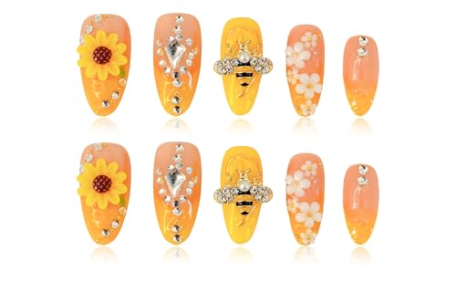 Handmade Press on Nails 24 Pcs, 3D Sunflowers, Medium almond, Yellow | Handmade 12 Sizes False Nails, French Tips,Almond Length,3D Cute Honey,Flower,Manicure Kit,Women&Girls,Spring&Summer,Party