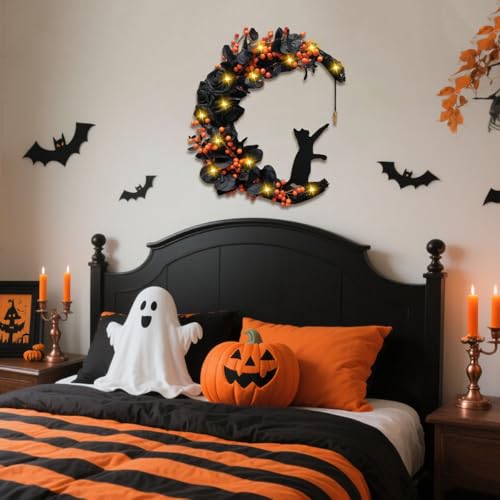 Halloween Wreaths for Front Door, Flower Moon Cat Halloween Home Decoration, Family Gathering Decoration Wreath，Outdoor, Wall, Closet, Fence, Wreath Christmas (Little Fruit) - color: Little Fruit