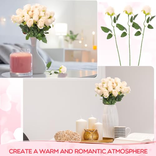 Jexine 50 Pcs Artificial Rose Flower Bulk Realistic Silk Fake Roses with Long Stem Plastic Artificial Flower Bouquet Real Looking for Home Wedding Centerpieces Party Decoration(Beige Champagne) - color: Beige Champagne