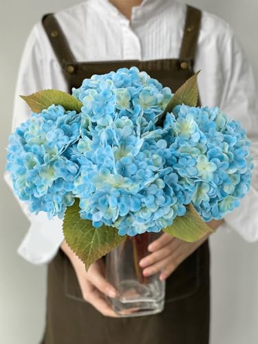 JINWOE Light Blue Vintage Boho Faux Hydrangea Flowers,4Pcs 21" Real Touch Artificial Hydrangea,Fake Silk Flowers for Dinning Tables Party Outdoor Home Cemetery Kitchen Wedding Bouquet - color: Light Blue