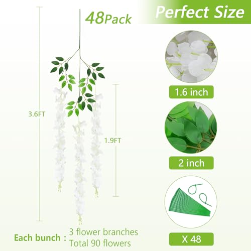 48Pcs Artificial Wisteria Hanging Flowers, 3.6Ft/Pcs White Fake Wisteria Garland for Wedding Party Home Garden Indoor Outdoor Decoration - color: White, size: 48Pcs