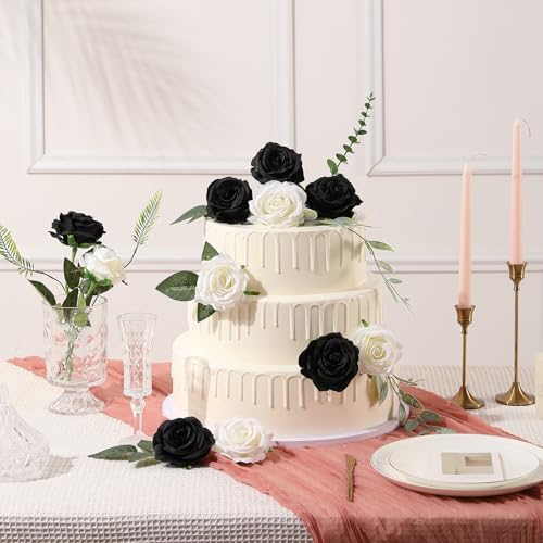 Tifuly Black Roses Artificial Flowers -12 pcs Realistic Single Long Stem Fake Silk Roses Bouquet for Party Home Wedding Centerpiece Office Halloween DIY Decor - color: Black