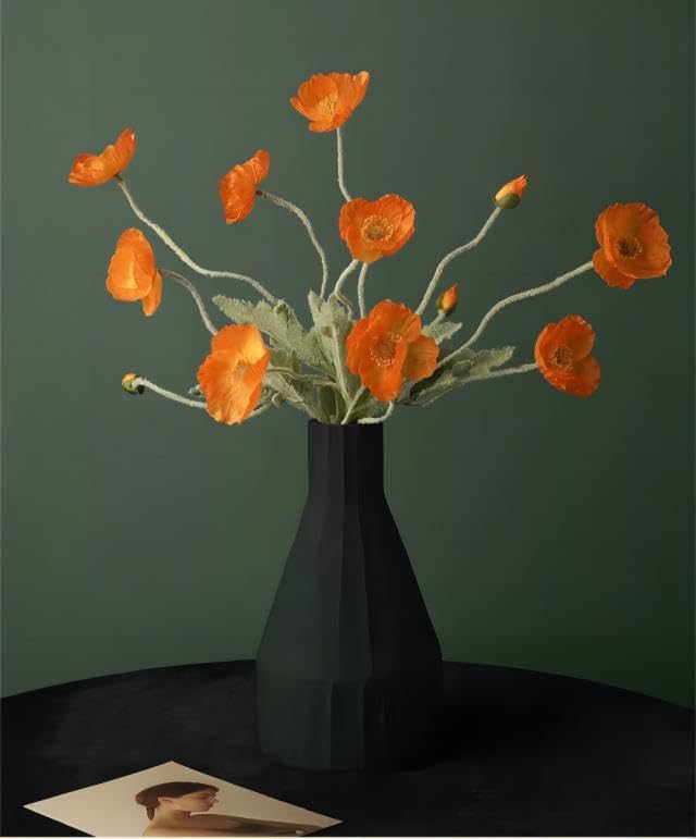 Set of 6 Poppies Flowers Artificial Silk Flowers with Long Stems Faux Wildflowers Bouquet for Vases Oil Pastel Style for Wedding Party Indoor Home Office Decor (Orange) - color: Orange