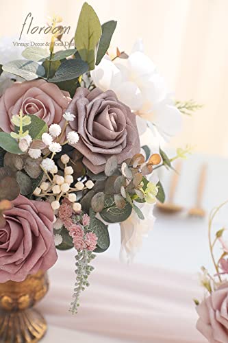 Floroom Artificial Flowers 25pcs Real Looking Dusty Rose Ombre Colors Foam Fake Roses with Stems for DIY Wedding Bouquets Bridal Shower Centerpieces Floral Arrangements Party Tables Home Decorations - color: Shades of Dusty Rose