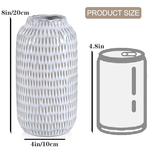 Ceramic Vase for Flowers – Modern Small Ribbed Textured Flower Vase for Home Decor, Pampas Grass, Decorative, Farmhouse, Coffee Table, Kitchen Centerpieces, Bookshelf and Home Living (Glaze White) - color: Glaze White