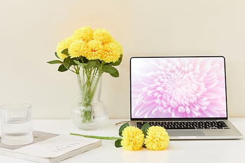 SITUMEIZI 12 Pcs Yellow Artificial Chrysanthemums Flowers Ball Flower Fake Mums Silk for Fall Thanksgiving Day Wedding Home Kitchen Decoration Floral Arrangement - color: Yellow, size: 12 Pieces