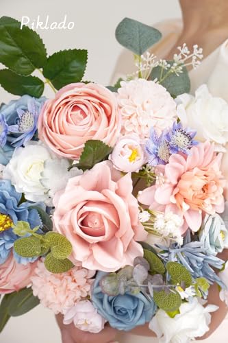 Artificial Flower Combination Box Set Artificial Flower Loose Leaves and Stems DIY Wedding Center Bouquet Bride Wedding Baby Shower（Nostalgia Blue Powder） - color: Nostalgia Blue Powder