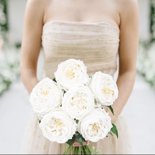 IPOPU White Roses Artificial Flowers,5PCS Real Touch Austin Roses Faux Peony Flowers Stems for Wedding Bouquet Party Home Decor(White) - color: White