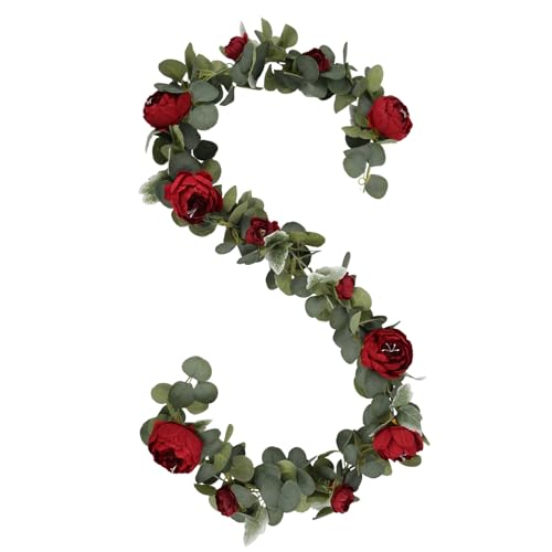 2 Pack Burgundy Artificial Flower Garland 6.2ft/Piece Vintage Eucalyptus Rose Garland with Fake Peonies Silk Fake Floral Vines for Wedding Arch Home Table Mantle Party Backdrop Decor (Burgundy) - color: Burgundy