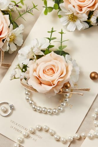 Serwalin 6 PCS Champagne Rose Wrist Corsages Wristlet for Wedding, Corsages for Prom Party Homecoming Corsage Hand Decor for Bride Bridesmaids, Mother of Bride and Groom - color: Champagne, size: Corsage 6pcs