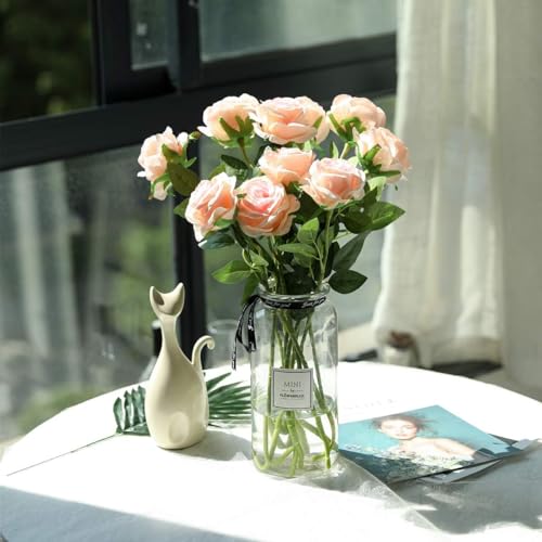 Pink Fake Roses Artificial Flowers - 10 Pcs Fake Artificial Roses Silk Flowers with Stems for Home Wedding Hotel Office Centerpiece Decor（Champagne Pink） - color: Champagne Pink, size: 10 Pcs