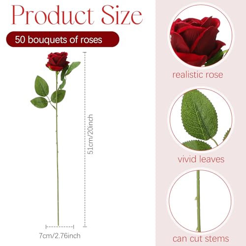 Jexine 50 Pcs Artificial Rose Flower Bulk Realistic Silk Fake Roses with Long Stem Plastic Artificial Flower Bouquet Real Looking for Home Wedding Centerpieces Party Decoration(Burgundy) - color: Burgundy