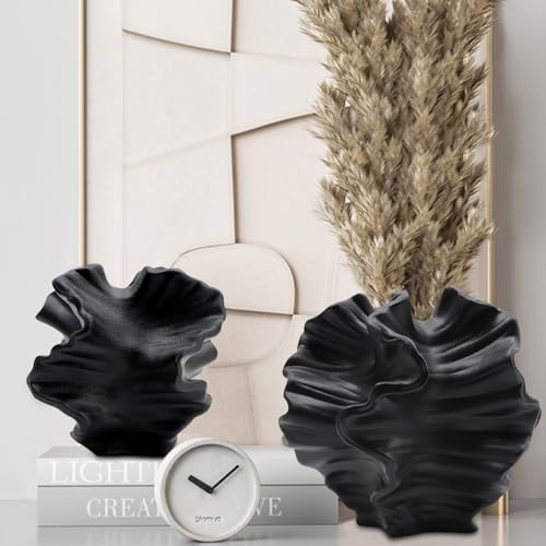 Ceramic Vase - Set of 2 for Home Decor,Black Flower Shape Pampas Vases Minimalist Nordic Boho Style for Modern Farmhouse Decor, Living Room、 Kitchen、Mantle、Bedroom、Dining Table、Office - color: Flower Shape Black