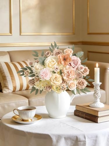 Artificial Flowers Combo Champagne Fake Roses Silk Flowers with Stems for DIY Wedding Bridal Bouquets Floral Arrangement Table Centerpieces Cake Birthday Baby Shower Anniversary Home Decor - color: Beige & Champagne